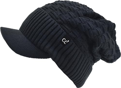 C.C Fuzzy Fleece Lined Warm Oversized Chunky Soft Stretchy Oversized Two Way Ribbed Slouchy Knit Hat with Visor Brim - color: Teal Grey