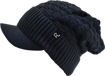 C.C Fuzzy Fleece Lined Warm Oversized Chunky Soft Stretchy Oversized Two Way Ribbed Slouchy Knit Hat with Visor Brim - color: Teal Grey