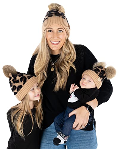 Funky Junque Mommy & Me Double Pom Beanies 3-Pack Matching Winter Hats for Mom, Toddler & Infant Girls, Cozy Knit Family Set - color: Leopard - Latte