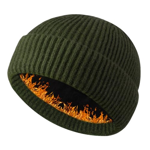 Heniho Wool Fleece Lined Fisherman Beanie for Men, Winter Warm Hats Cuffed Knit Watch Cap Trawler Hat - color: 1pack D- Army Green