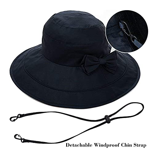 Comhats Packable Summer Cotton Sun Hat Bucket for Women UV Protection Wide Brim Beach Gardening Travel 54-64CM - color: Black, size: Medium