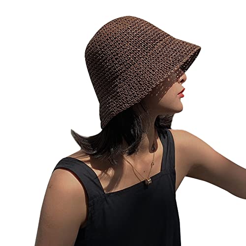 Women Sun Hat Hand-Woven Packable Beach Bucket Hat Summer Floppy UV Protection Hats - color: Coffee