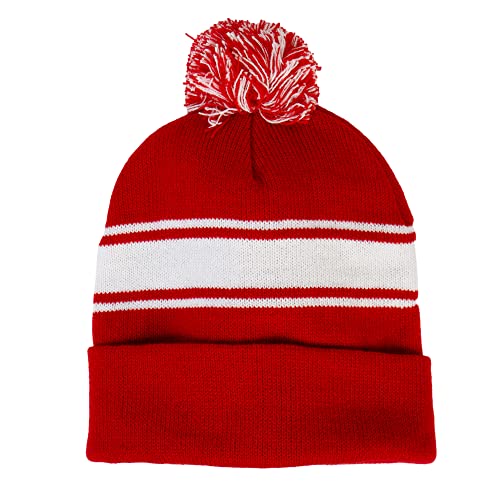 TOP HEADWEAR Unisex Men's Women's Stripe Pom Pom Beanie - color: Red/White