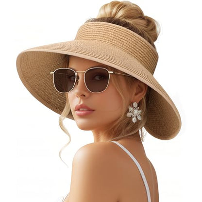 Beach Sun Straw Hats for Women, UPF 50+ UV Sun Protection Summer Straw Hat - color: 12cm - Khaki
