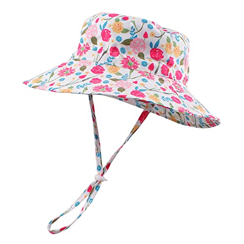 Peecabe Summer Baby Sun Hat for Boys Girls UPF 50+ Wide Brim Toddle Bucket Hat Adjustable Baby Beach Cap 0-8 Years - color: Rose Flowers, size: 6-24 Months