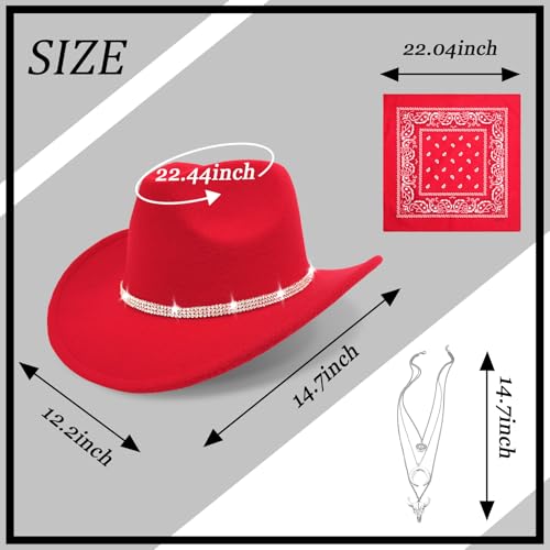 Western Black Cowboy Hats for Women Men, Fedora Wide Brim Rhinestone Cowgirl Hat with Bandana and Evil Eye Bull Head Necklace - color: Red