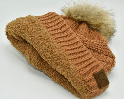 C.C Trendy Fuzzy Fleece Lined Warm Comfortable Soft Stretch Cable Knit Ribbed Faux Fur Pom Pom Beanie Hat - color: Toast Almond