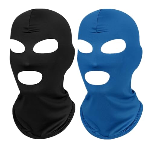 2Pcs Full Face Mask,2Hole/3Hole Black Thin Balaclava Seamless Mask - color: 3 Hole Black+light Blue