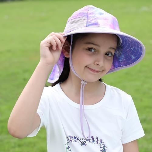 icolor Kids Sun Hat UPF50+ Sun Protection Bucket Hat Toddler Summer Beach Play Hats with Neck Flap for Girl Boy Ages 3~10 - color: Pinkgalaxy