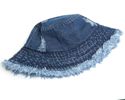 Denim Bucket Hat for Women Ripped Sun Hat Outdoor Cap - color: Dark Blue