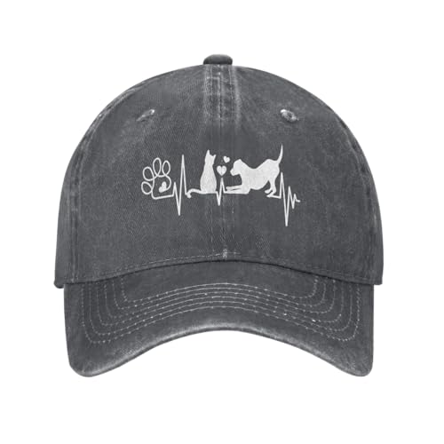 Women's Dog Love Cat Paw Heartbeat Baseball Cap for Men Women, Adjustable Vintage Distressed Washed Dad Hat - color: Deep Heather