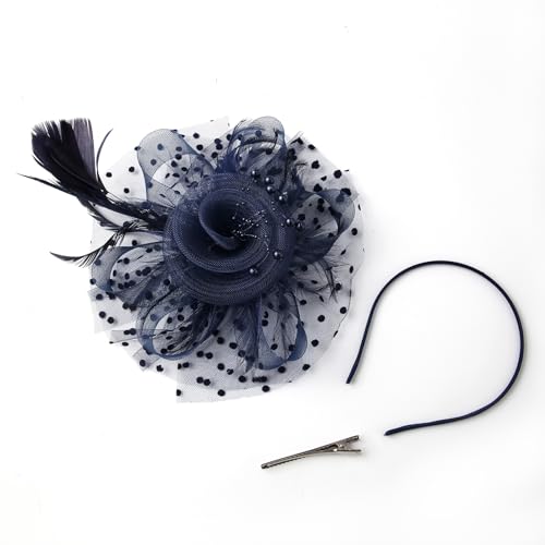 JUNBESTN Fascinators Hat Tea Party Headwear for Women Flower Mesh Feathers Headband - color: Navy Blue