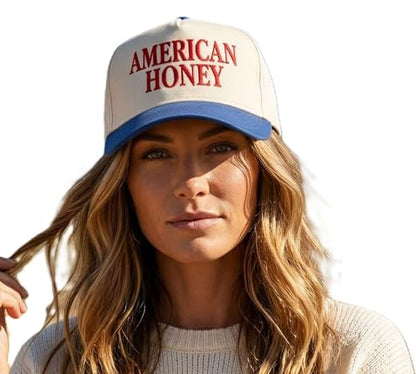 D&Y Retro 2-Tone Canvas Baseball Cap for Women - Funny Embroidered Distressed Snapback, Adjustable Cotton Dad Hat - color: American Honey-cobalt Blue