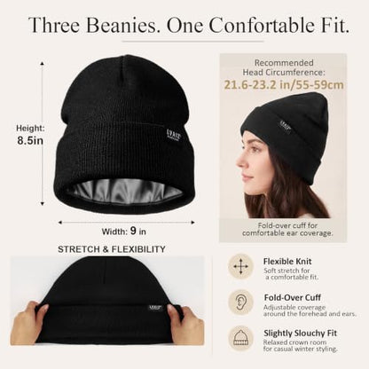 3 Pack Satin Lined Beanies for Men and Women Silk Warm Cuffed Winter Hats - color: Black+dark Grey+light Grey