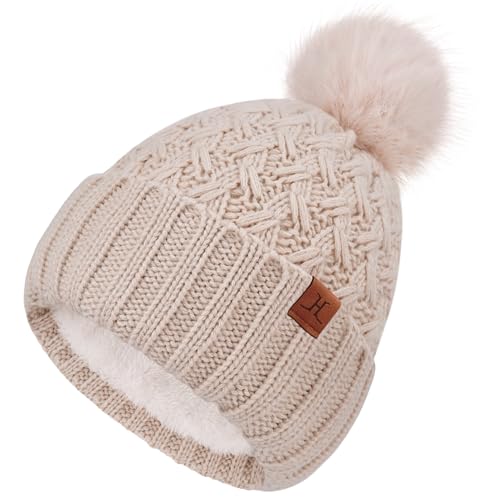 FZ FANTASTIC ZONE Winter Beanie Hats for Women Fleece Lined Knit Pompom Hat - color: Oatmeal