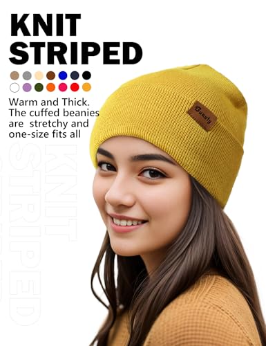Beanie Hats for Men Women Knit Winter Hat, Warm Skull Stocking Cap, Striped Snow Hat Heated Cuffed Beanie - color: 2p-black+yellow