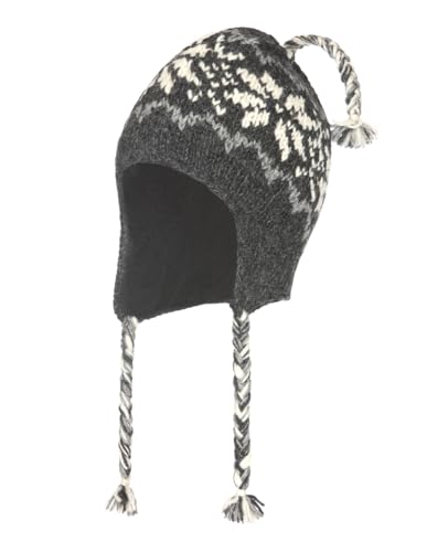 THE COLLECTION ROYAL Woolen Fleece Lined Fair Isle Knitted String Ear Flap Beanie Sherpa Christmas Beanie Hat - color: Grey