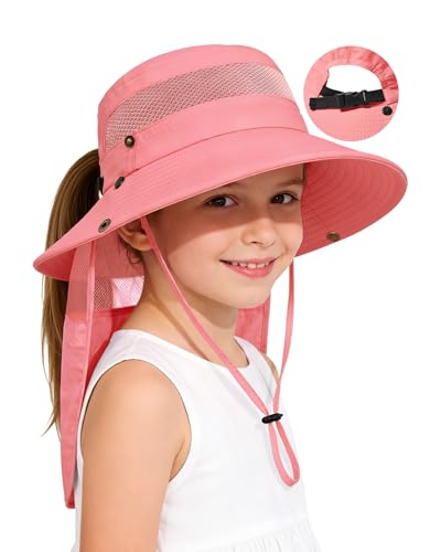 Century Star Kids Sun Hat with Ponytail Hole & Detachable Neck Flap UPF50+ Quick Dry Girls Bucket Hat for Outdoor Beach - color: Watermelon Red