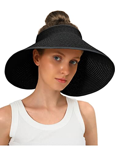 sy soul young Women's Straw Hat with Ponytail Hole Wide Brim Visor Sunhat - color: Black