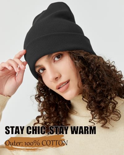 Satin Lined Knit Beanie Hat-100% Cotton Winter Hats for Women Men - color: 2pcs-black+wine Red