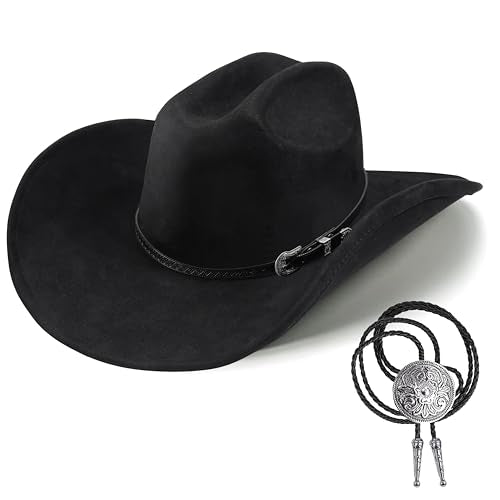 Western Cowboy Hat for Men Women,Shapeable Wide Brim Felt Fedora Classic Cowgirl Hats for Cowboys and Cowgirls,with bolo tie - color: Black-a, size: Medium-Large