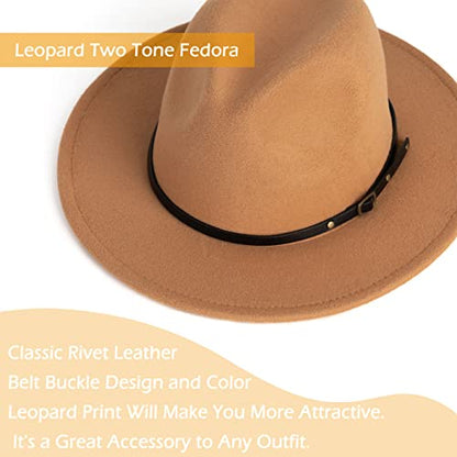 Women Two Tone Wide Brim Fedora Felt Panama Hat - color: Camel/Leopard