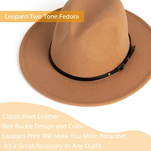 Women Two Tone Wide Brim Fedora Felt Panama Hat - color: Camel/Leopard
