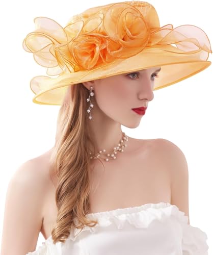 Women Derby Fascinator Hat Organza Church Wedding Hats Wide Brim Cocktail Tea Party Hat - color: 12 Orange