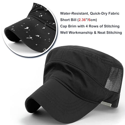 Loneshark Water Resistant Military Hat Quick Dry Cadet Cap Army Flat Top - color: Sport-logo-w-mesh-black