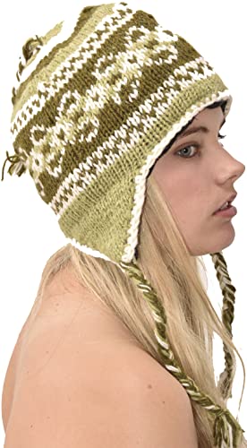 Hand Knitted 100% Merino Wool Ear Flap Snowboard Ski Chullo Peruvian Style Nepal Himalayan Sherpa Earflap Fleece Lined Winter Beanie Hat Green