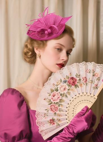 Zinniday Fascinator Tea Party Hat - 2026 Derby Pillbox Kentucky Hat for Women (7.87x5.9inch) - color: Rose Red
