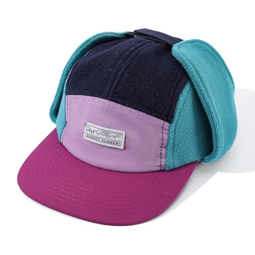 Retro Patchwork Polar Fleece Trapper Hat with Visor, Warm Winter Earflap Cap Flat Brim 5 Panel Baseball Ushanka Hats - color: Mg-lfm25128-blue