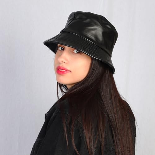 Eigso Unisex Womens Black Leather Bucket Hat Fashion Classic Vintage Hip Hop 80s Hiking Outdoor Fishrman Cap for Woman Man