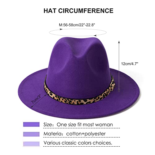 Women's Wide Brim Felt Fedora Panama Hat with Leopard - color: Purple