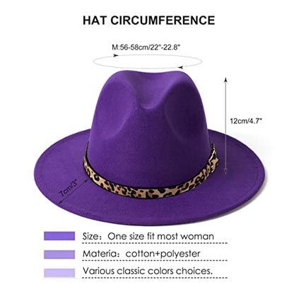 Women's Wide Brim Felt Fedora Panama Hat with Leopard - color: Purple