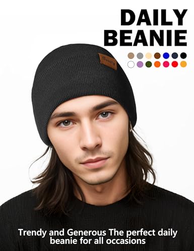 Beanie Hats for Men Women Knit Winter Hat, Warm Skull Stocking Cap, Striped Snow Hat Heated Cuffed Beanie - color: 2p-black+red