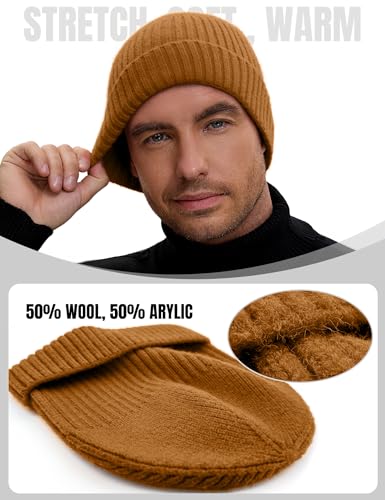 vidsel 50% Wool Double Cuff Beanie Hat for Men Women, Warm Winter Knit Cap - color: Golden Brown