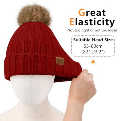 ZOORON Womens Winter Knitted Beanie Hat with Faux Fur Pom Beanie Warm Knit Skull Cap Beanie for Women - color: 1wine Red