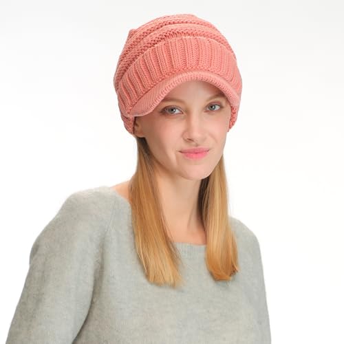C.C Trendy Warm Oversized Chunky Soft Oversized Ribbed Slouchy Knit Hat with Visor Brim - color: Salmon Pink