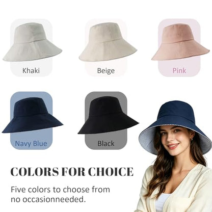 Womens Wide Brim Sun Hat UPF 50+ Foldable Bucket for Beach Travel - color: Navy Blue1
