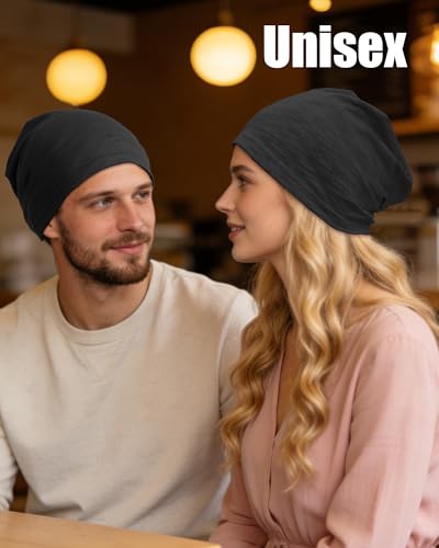 100% Cotton Thin Summer Slouchy Beanie Hat for Women Men Chemo Cap - color: 2pcs Black, size: Large