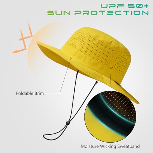 UPF 50+ Bucket Sun Hat with Laser Perforated Mesh Cooling Adjustable Breathable Lightweight for Outdoor Men Women - color: Yellow