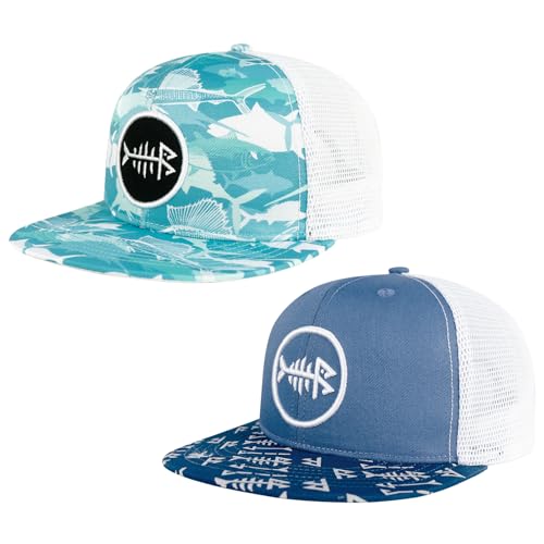 BASSDASH 2 Pack Flat Brim Trucker Cap Adjustable Snapback Hat Mesh Back for Men Women Fishing Hunting - color: Pack of 2, Blue & Fish Camo