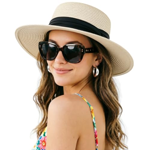DRESHOW Women Straw Panama Hat Travel Fedora Beach Sun Hat Summer Wide Brim Straw Roll up Hats UPF 50+ - color: Fedora Ivory M