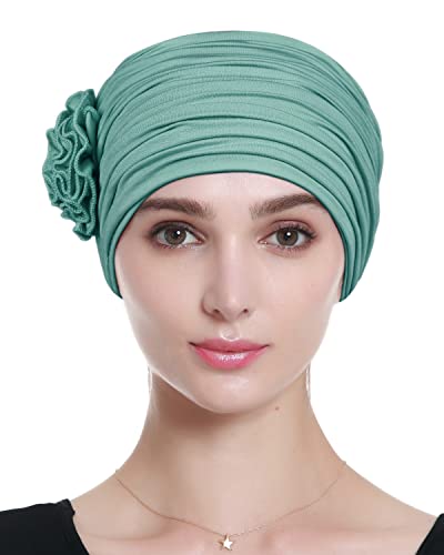 Alnorm Flower Design Chemo Hair Loss Caps Cancer Headwear for Women - color: Grass Green