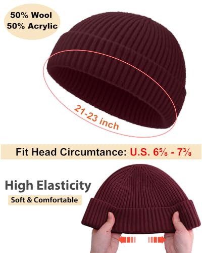 Short Fisherman Beanie for Men Women Wool Knit Cuff Winter Hats - color: 1pcs-wine Red