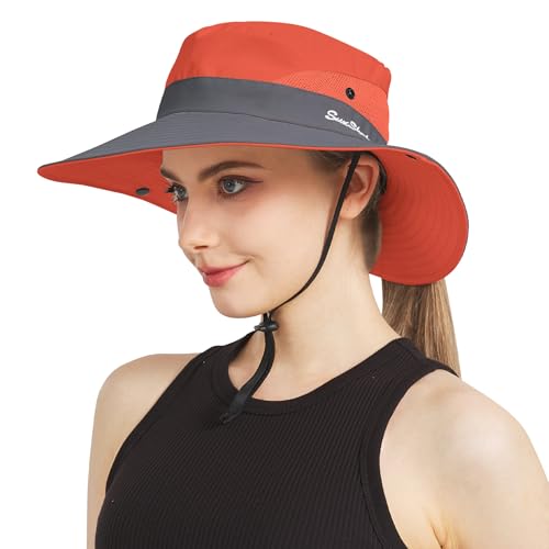 NPJY Ponytail Sun Hats for Women Men Wide Brim UPF Fishing Bucket Hat - color: Orange/Grey(ponytail Hole)
