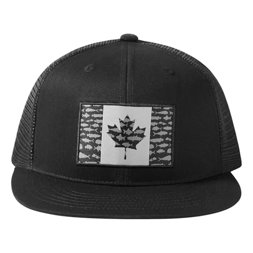 BASSDASH Flat Brim Trucker Cap Adjustable Snapback Hat Mesh Back for Men Women - color: Black Fish Maple Flag