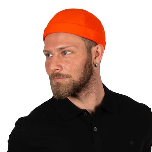 Cotton Docker Cap, Unisex Brimless Cap, Men Skull Cap, Brimless Beanie Hat, Men Women Cuffed Hat. - color: Orange