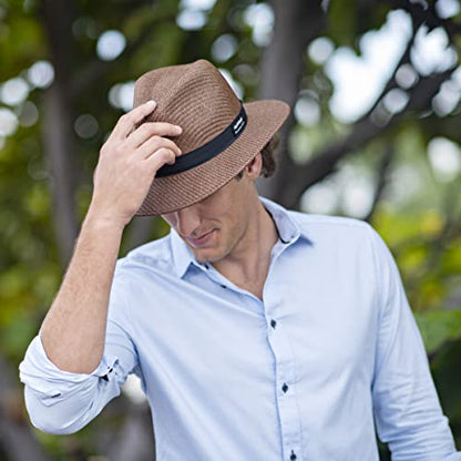 Panama Jack Mens Safari Sun Hat - Matte Toyo Straw, UPF 50+ Sun Protection Fedora Sombrero - color: Brown, size: Large